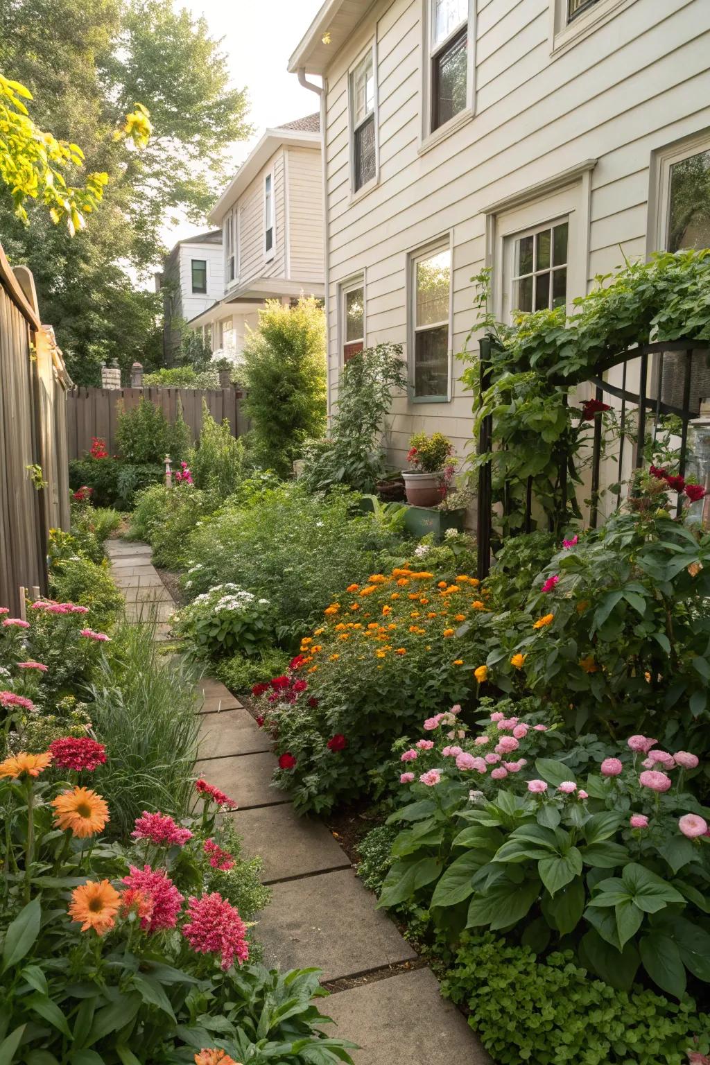 A townhouse garden with plants that bloom in different seasons for year-round interest.