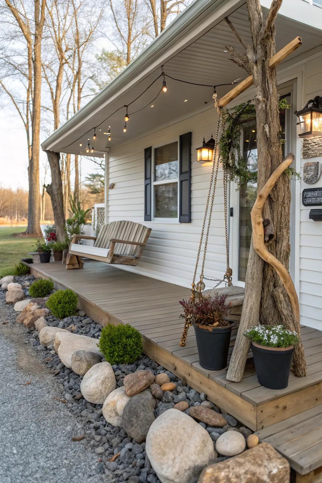 A trailer front porch featuring nature-inspired accents.