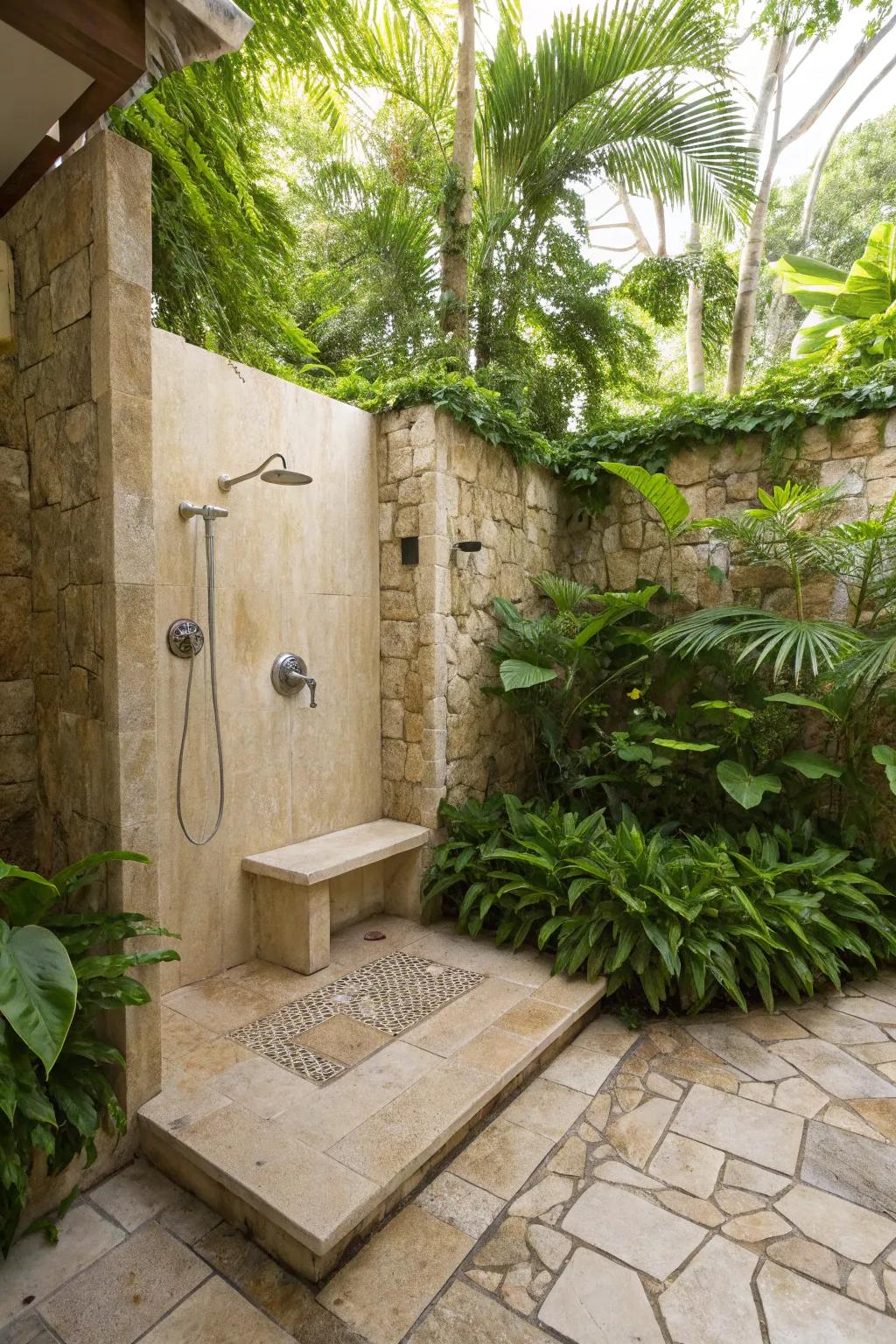 Rejuvenate in a travertine outdoor shower.