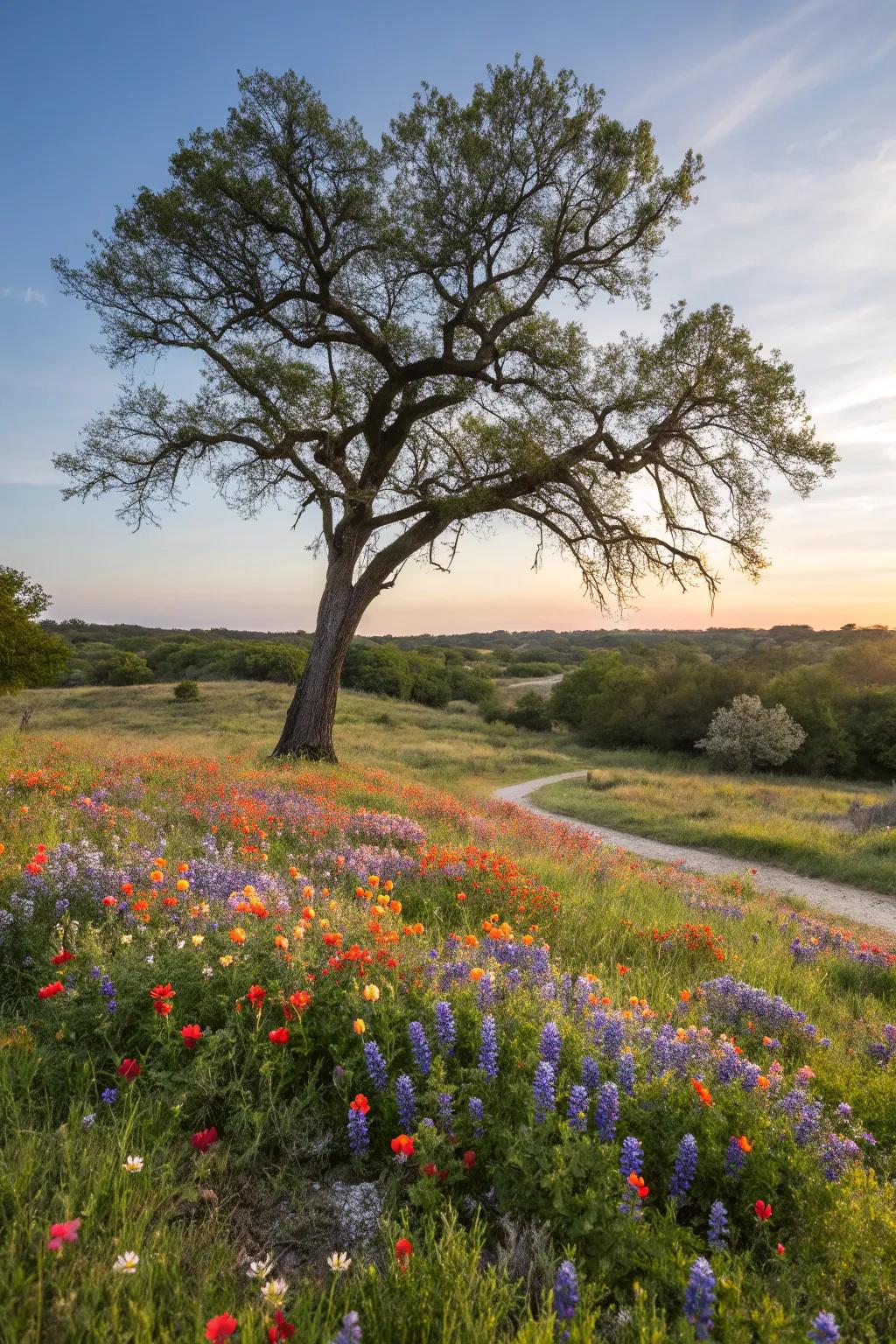 A tree with a charming wildflower patch.