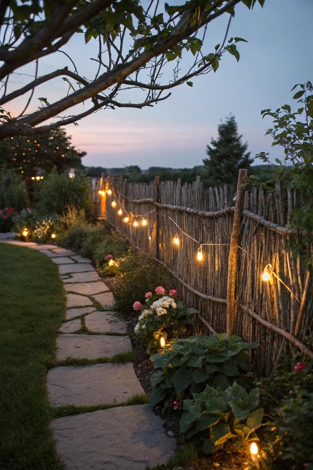 A branch fence with integrated lighting creates a captivating garden atmosphere.