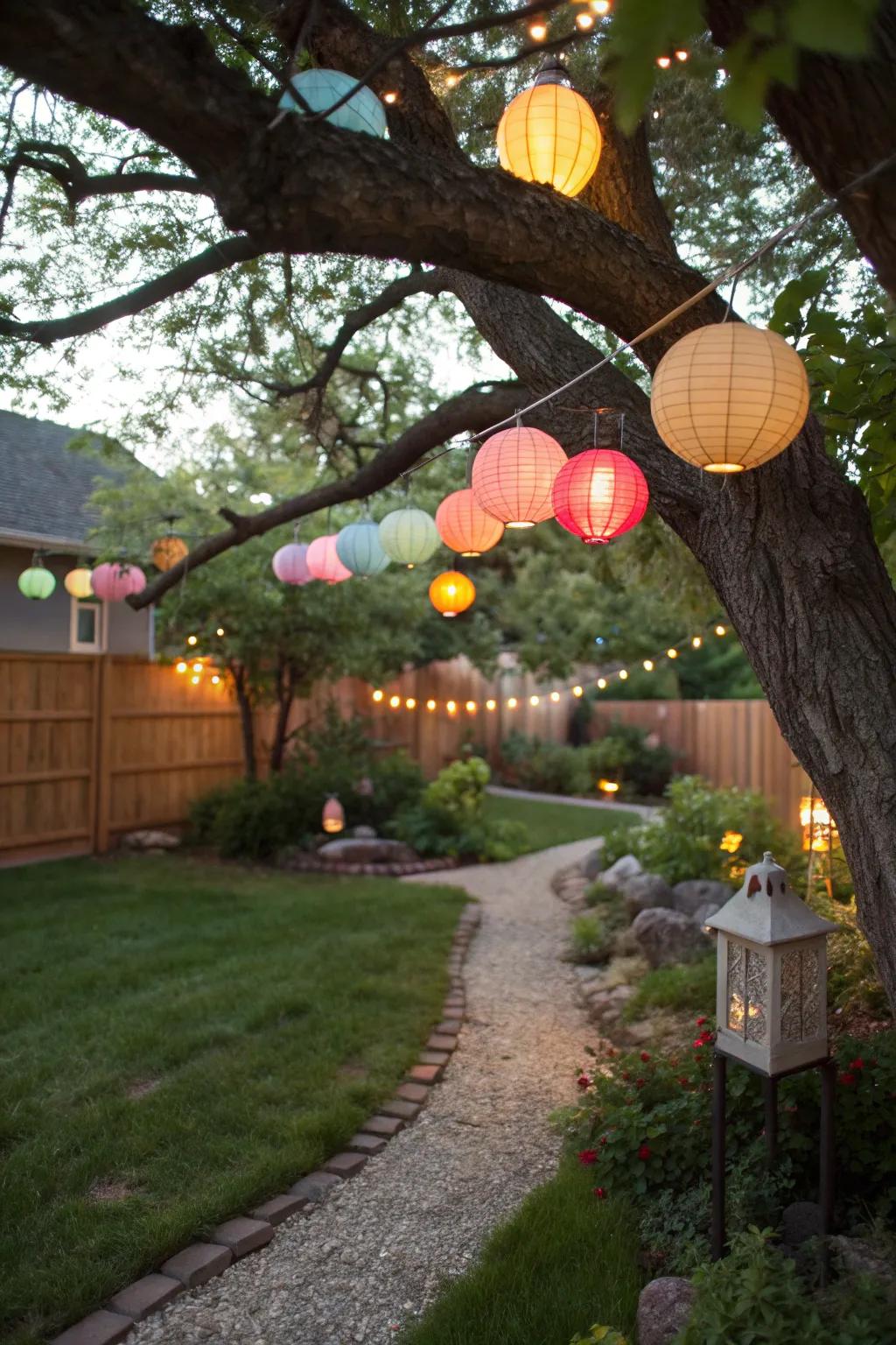 Tree brightened with colorful paper lanterns