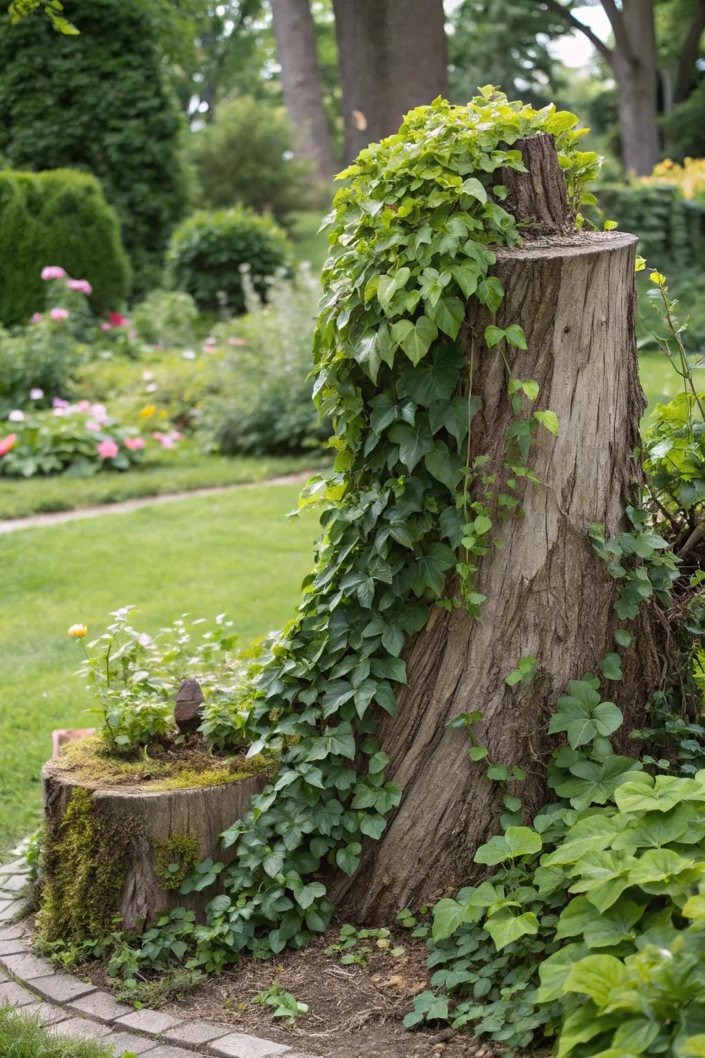 A tree stump beautifully camouflaged with climbing vines.