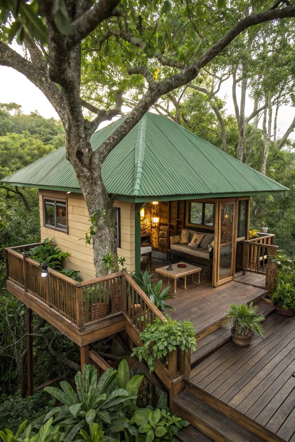 A green roof offers a serene escape surrounded by nature.