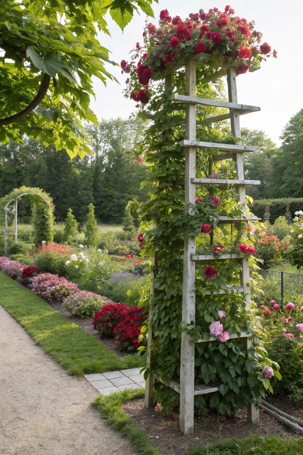 A multi-tiered trellis supporting different plants in a garden.