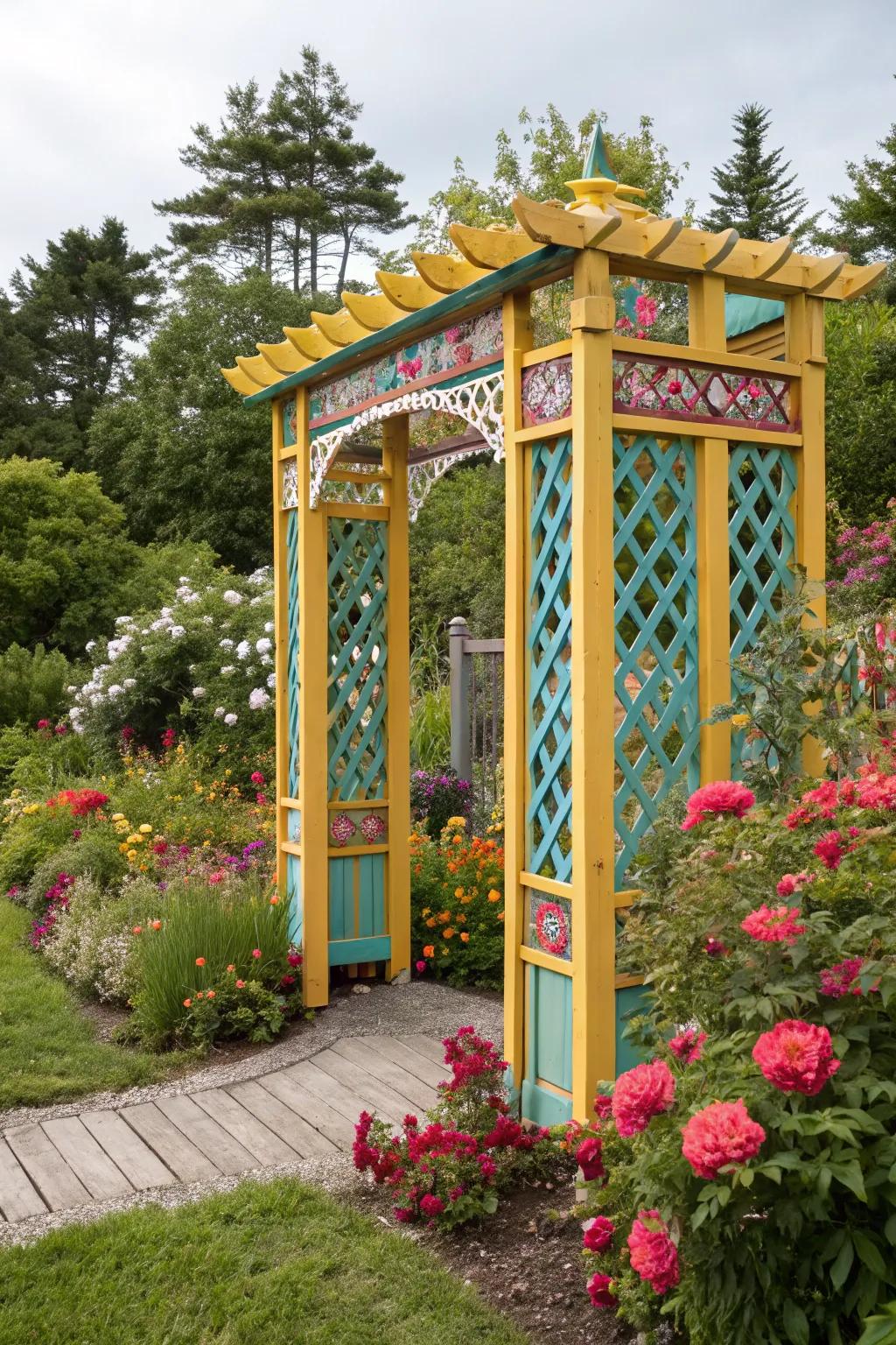 A painted trellis adds a pop of color and personality.