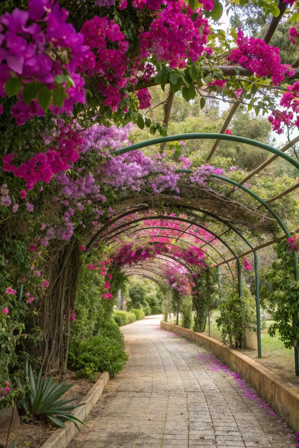A touch of Mediterranean magic with bougainvillea on a trellis tunnel.