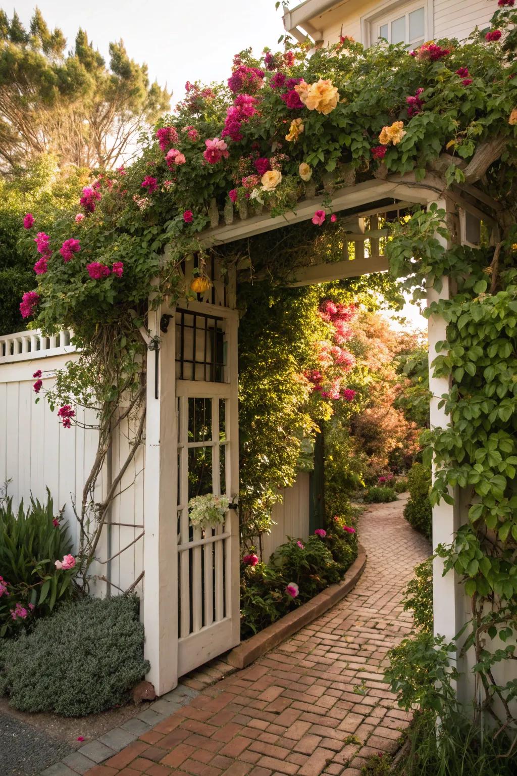 A garden gate trellis frames the entrance with climbing vines and flowers.