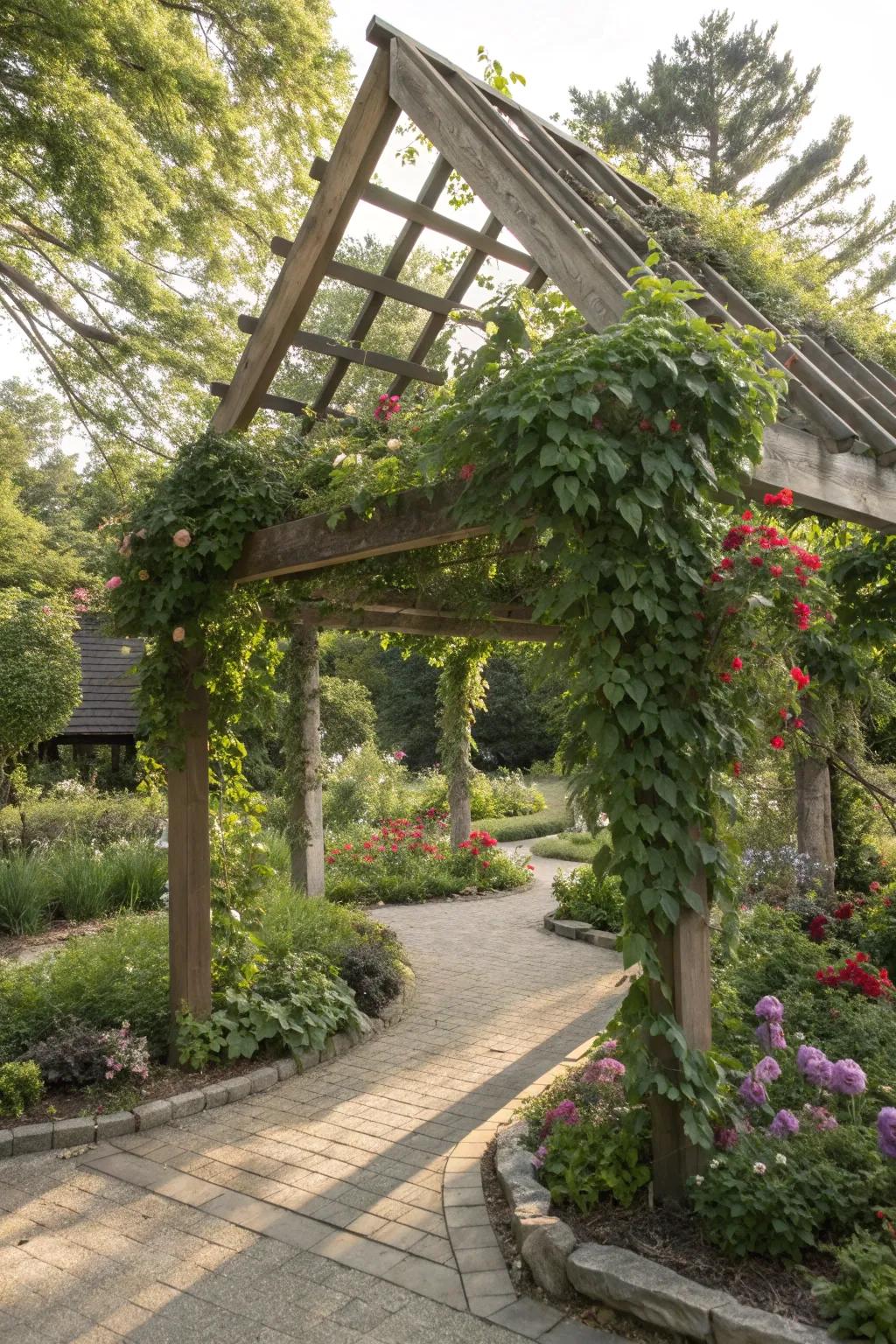 A triangle pergola with a trellis for beautiful climbing plants.