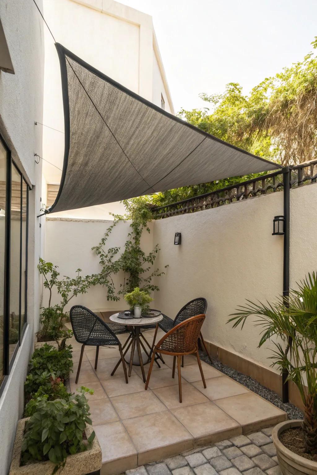 A triangle sun shade maximizes the use of small outdoor spaces.