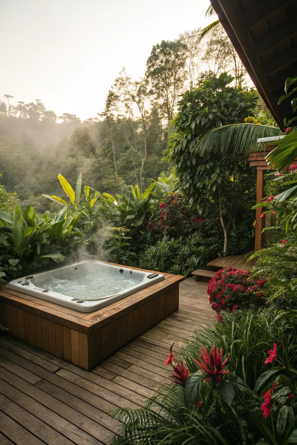 A hot tub provides ultimate luxury on a tropical deck.
