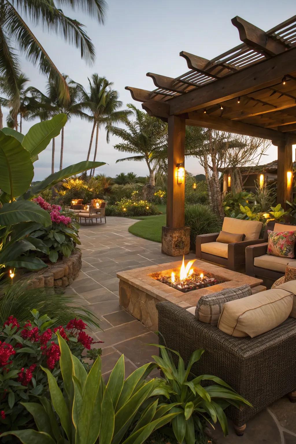 A fire pit adds warmth and a cozy atmosphere to this tropical patio.
