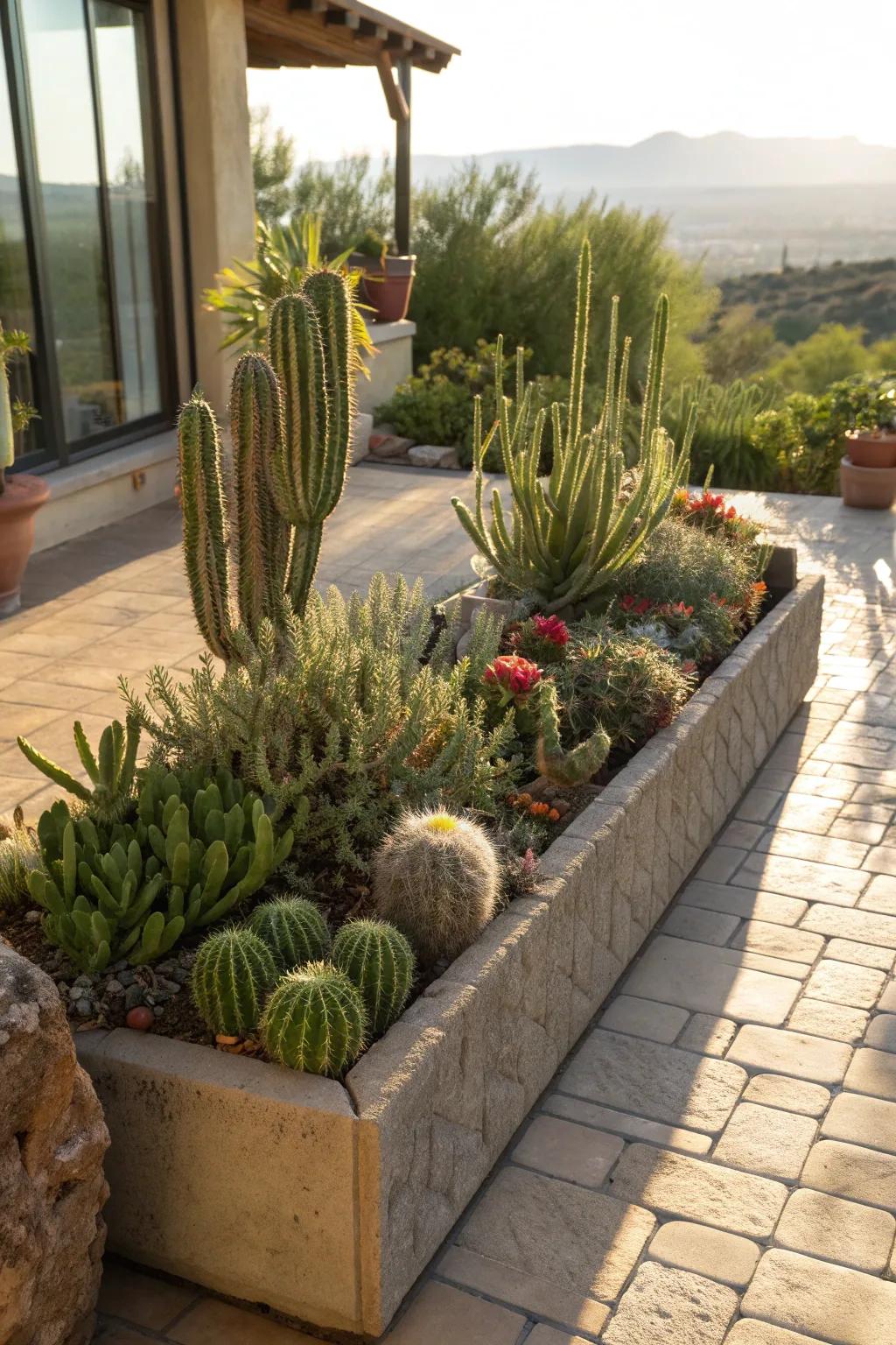 A striking desert-themed trough filled with hardy cacti.