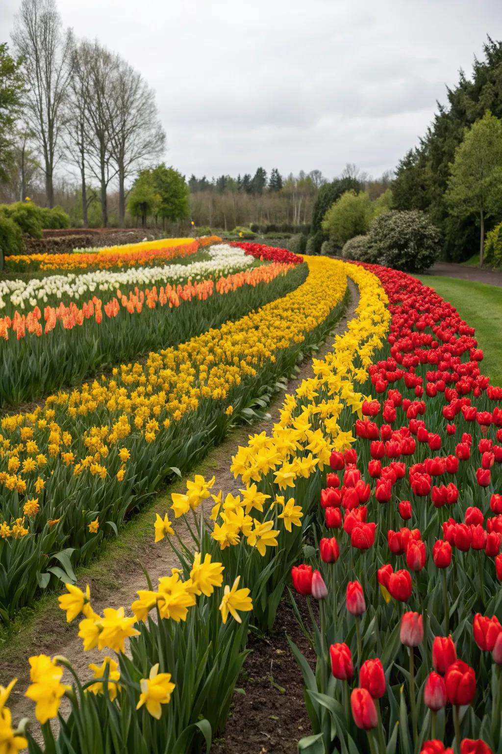 Bold color blocks of tulips and daffodils creating a striking garden design.