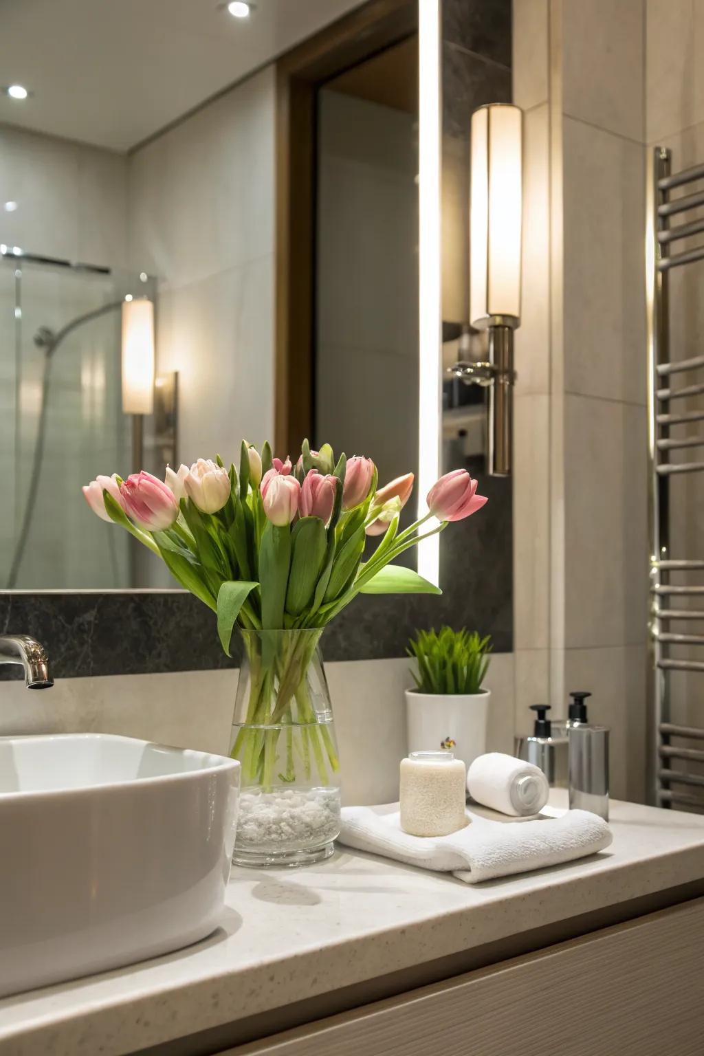 A fresh and lively touch with tulips in the bathroom.