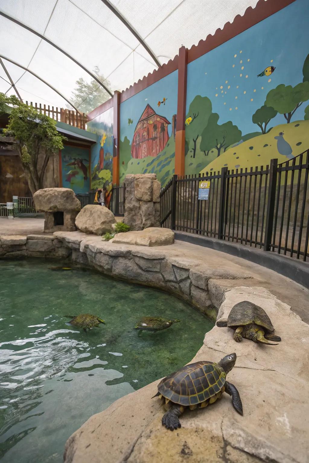 A turtle habitat with an artistic themed backdrop.