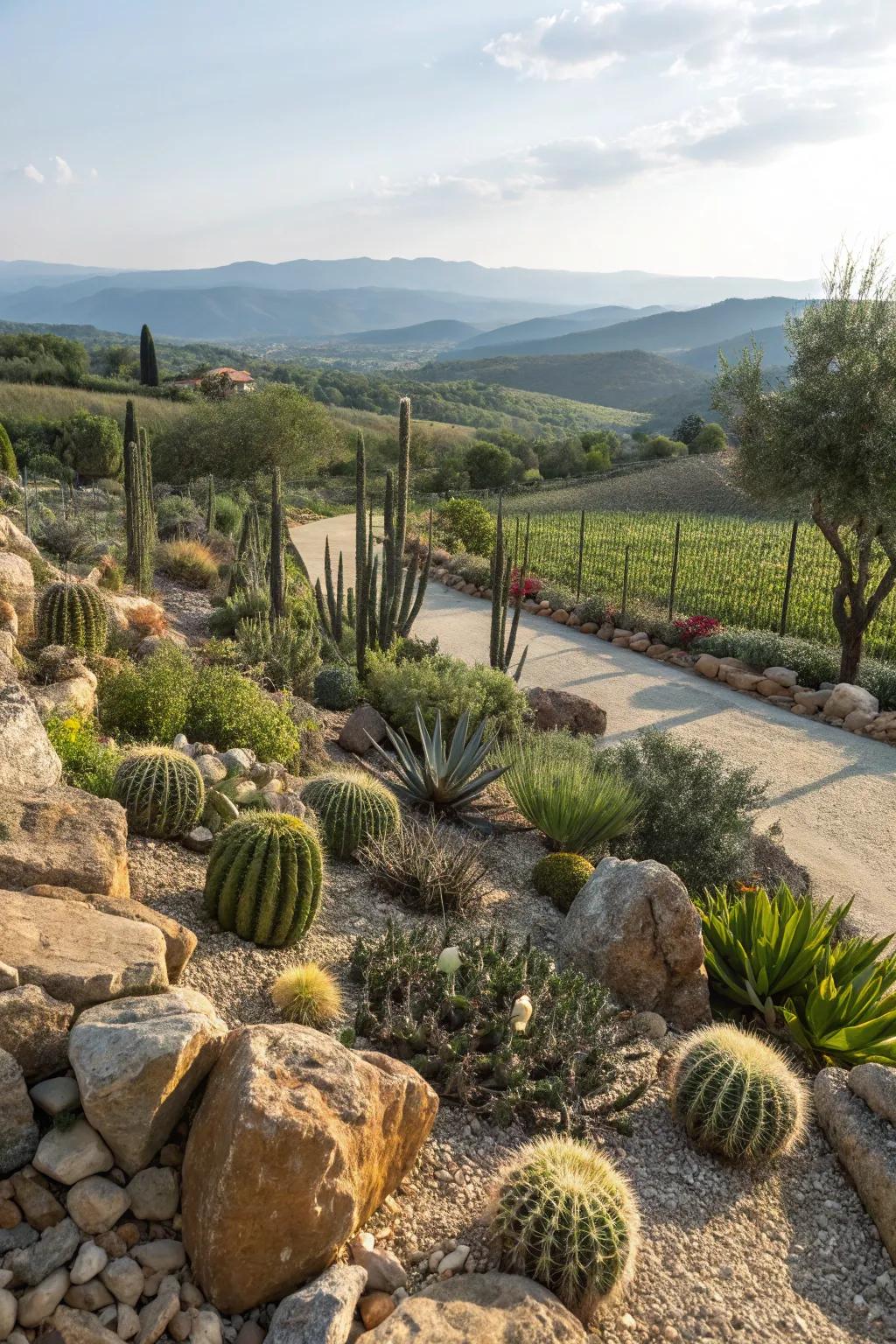 Rock gardens add texture and are perfect for sunny areas.