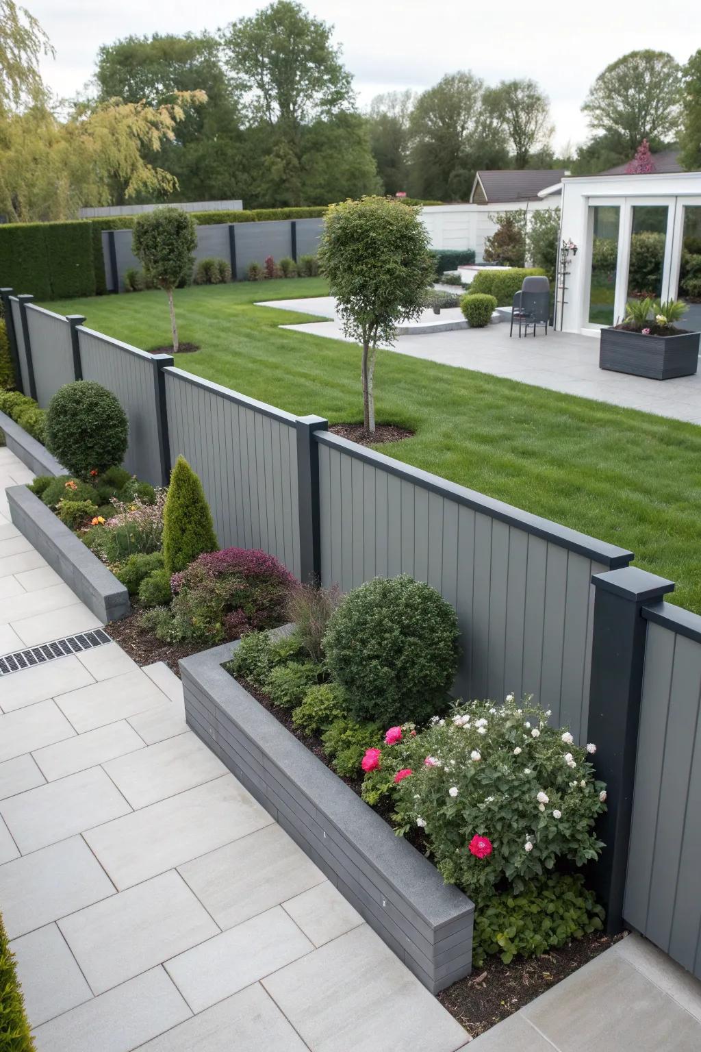 Gray and dark gray fence offering a sleek, modern aesthetic.