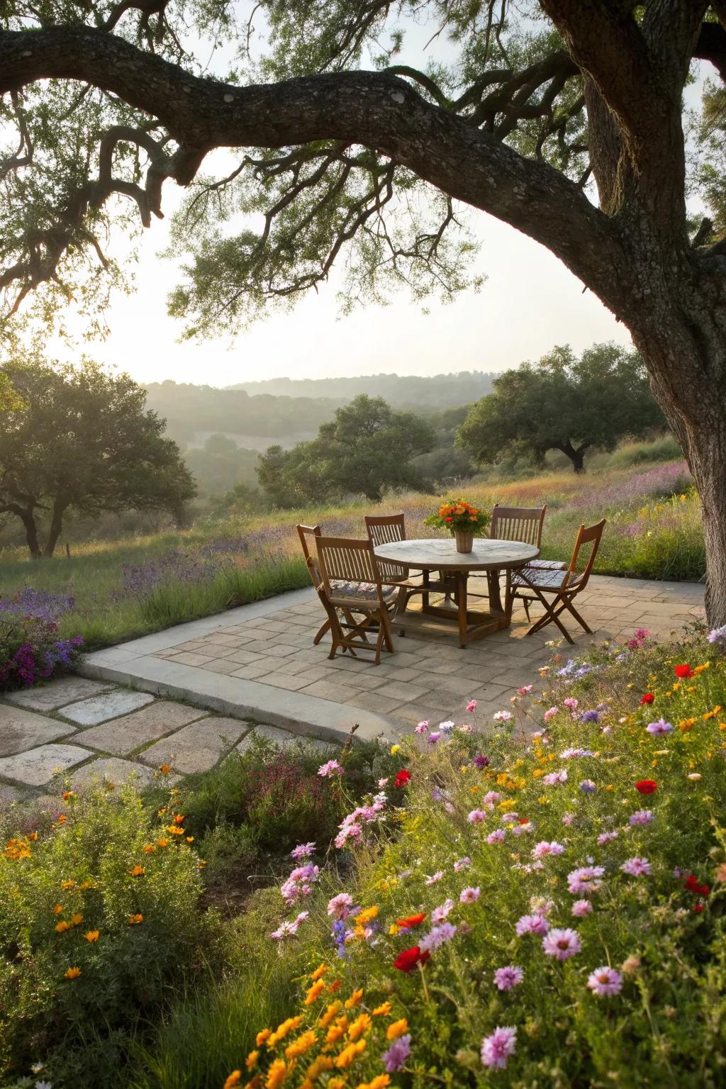 A wildflower border adds color and attracts pollinators.
