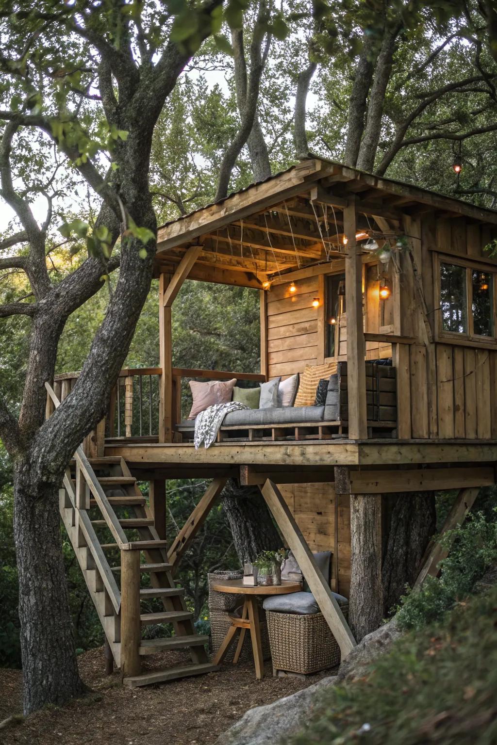 An adult treehouse offers a unique and playful retreat.
