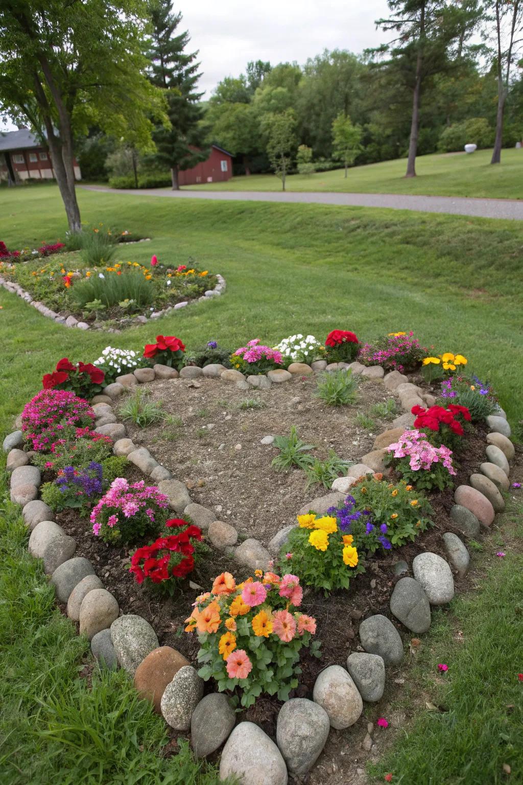 Upcycled flower bed adds a personal and creative garden touch.