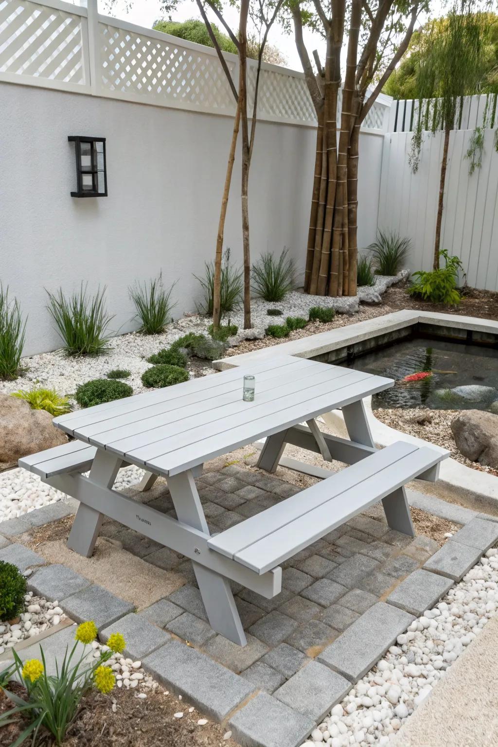 Soft grays and whites create a zen minimalist table.