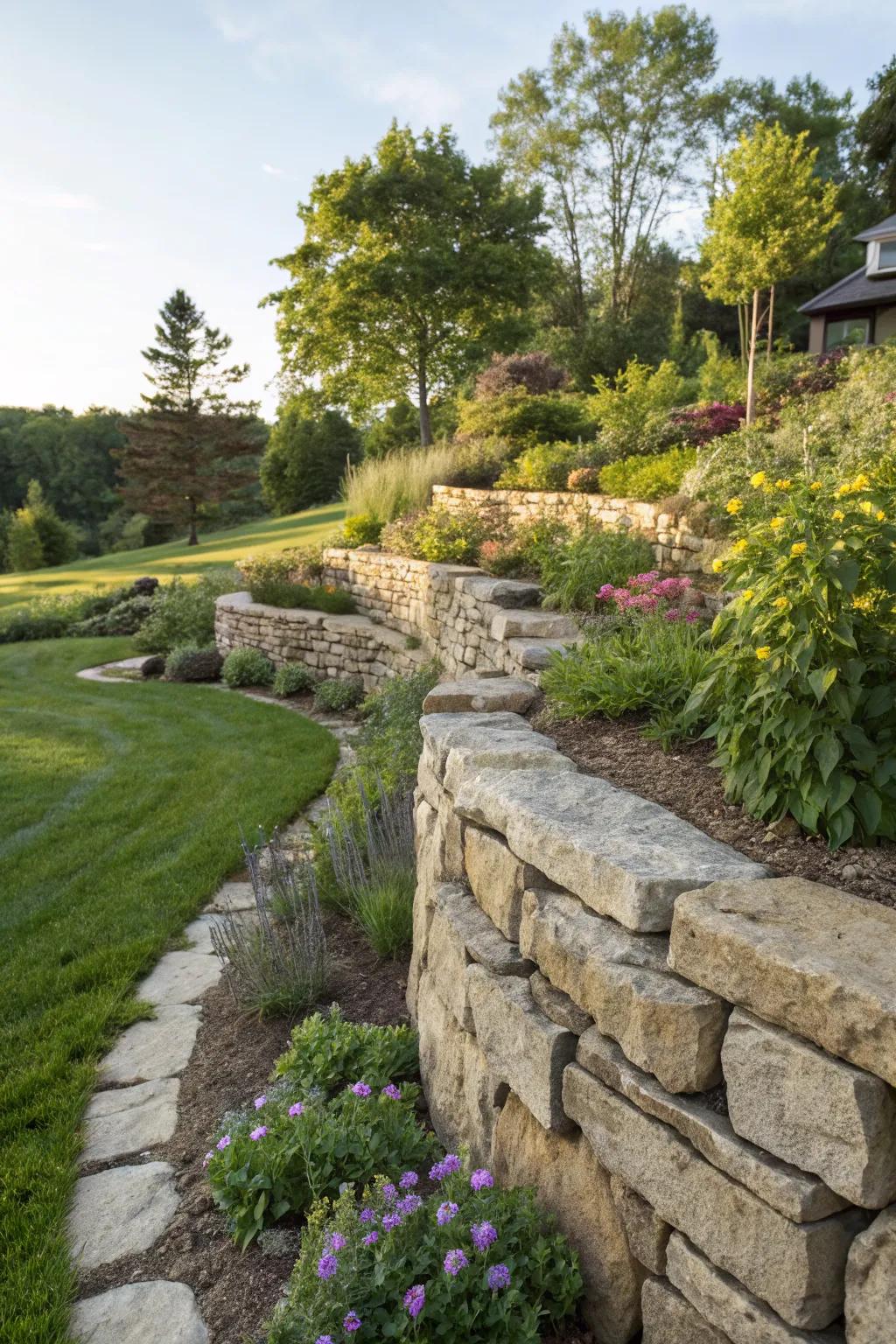 Dramatic flair with irregular stone retaining wall