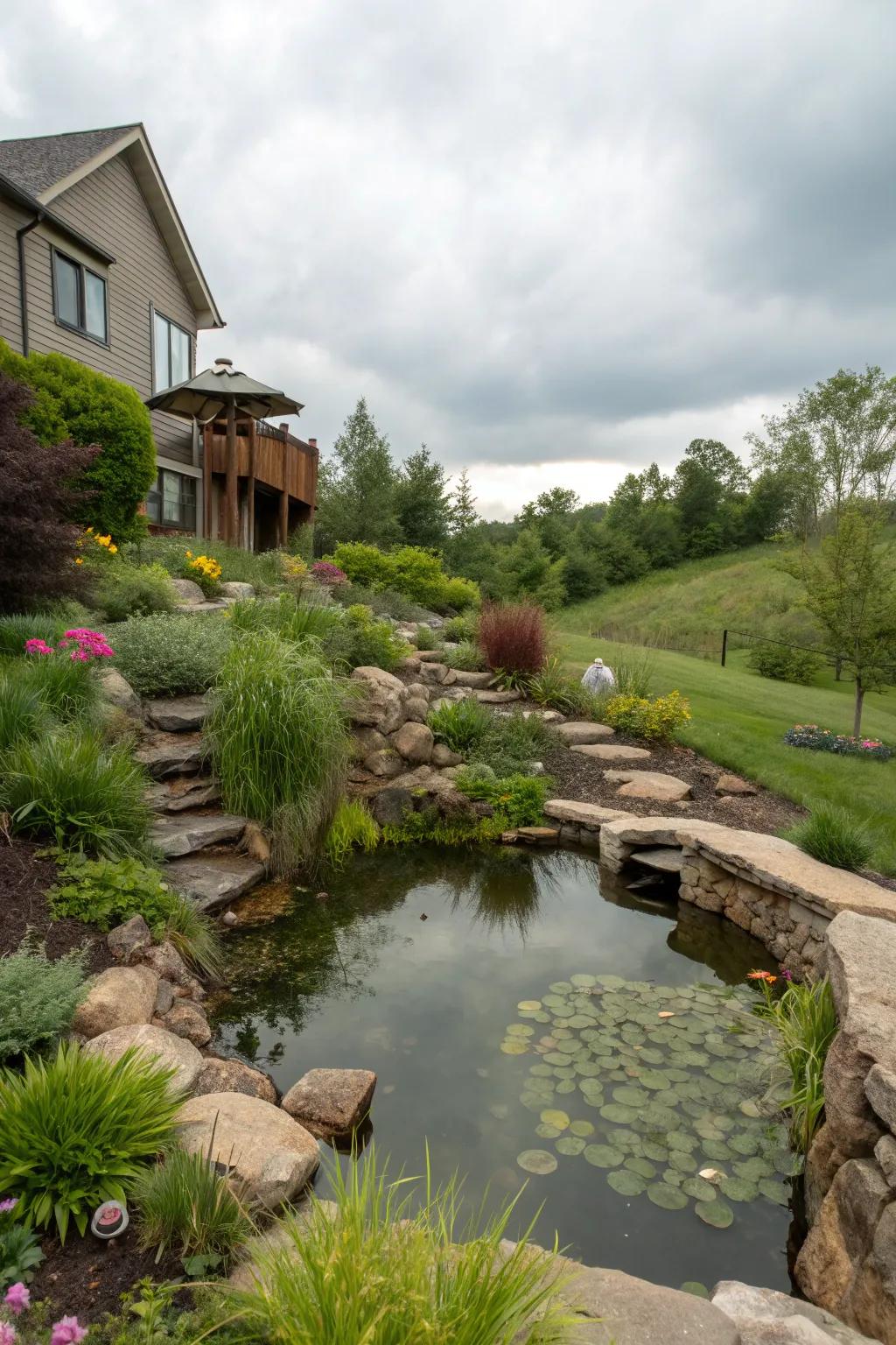 A natural pond adds beauty and supports wildlife.