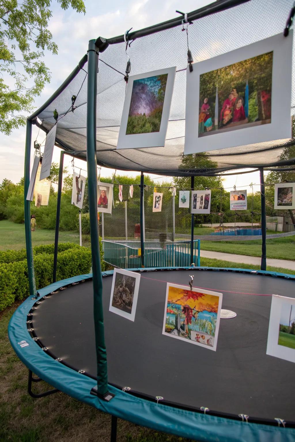 Transform your trampoline into an outdoor art gallery with hanging displays.