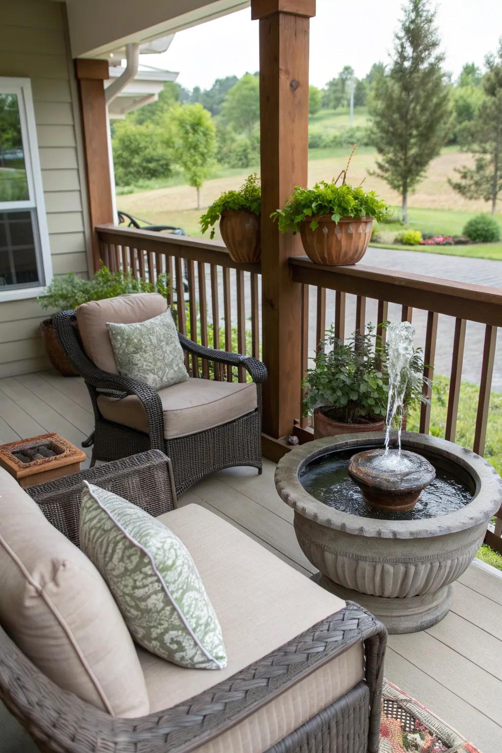 A water feature adds tranquility and luxury to your porch.
