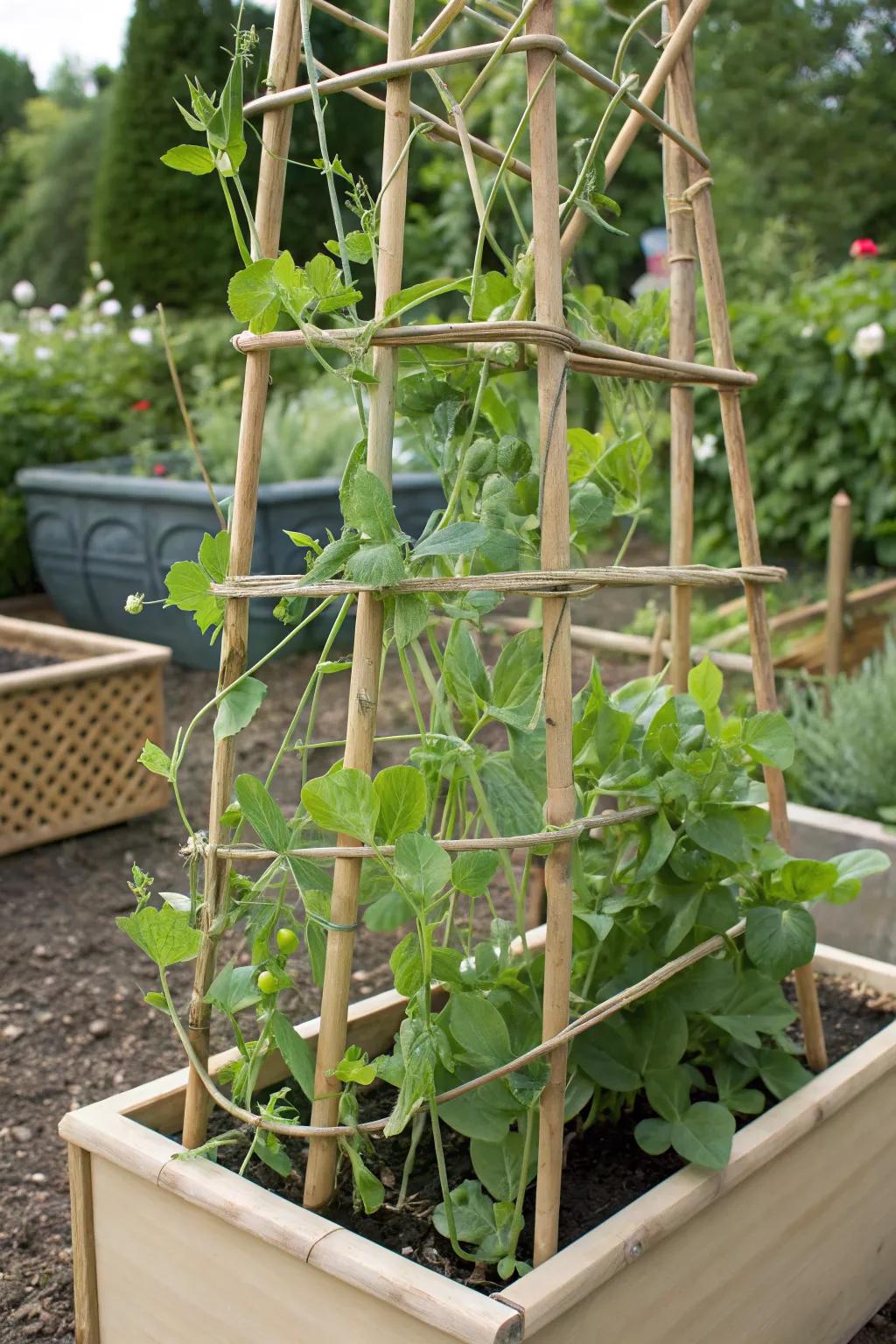 Bamboo trellis providing support for climbing vegetables.