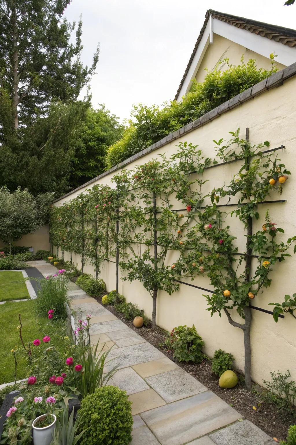 Apple and pear trees trained as espaliers.