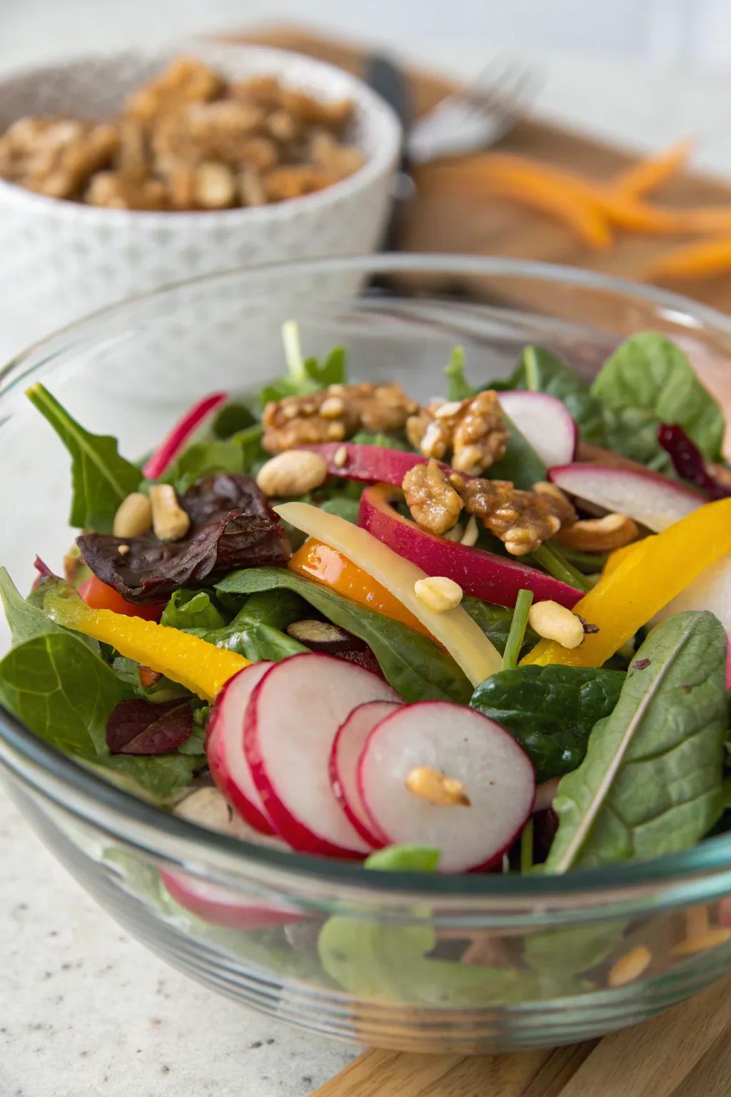 Colorful rainbow chard adds vibrant hues and nutrients to salads.