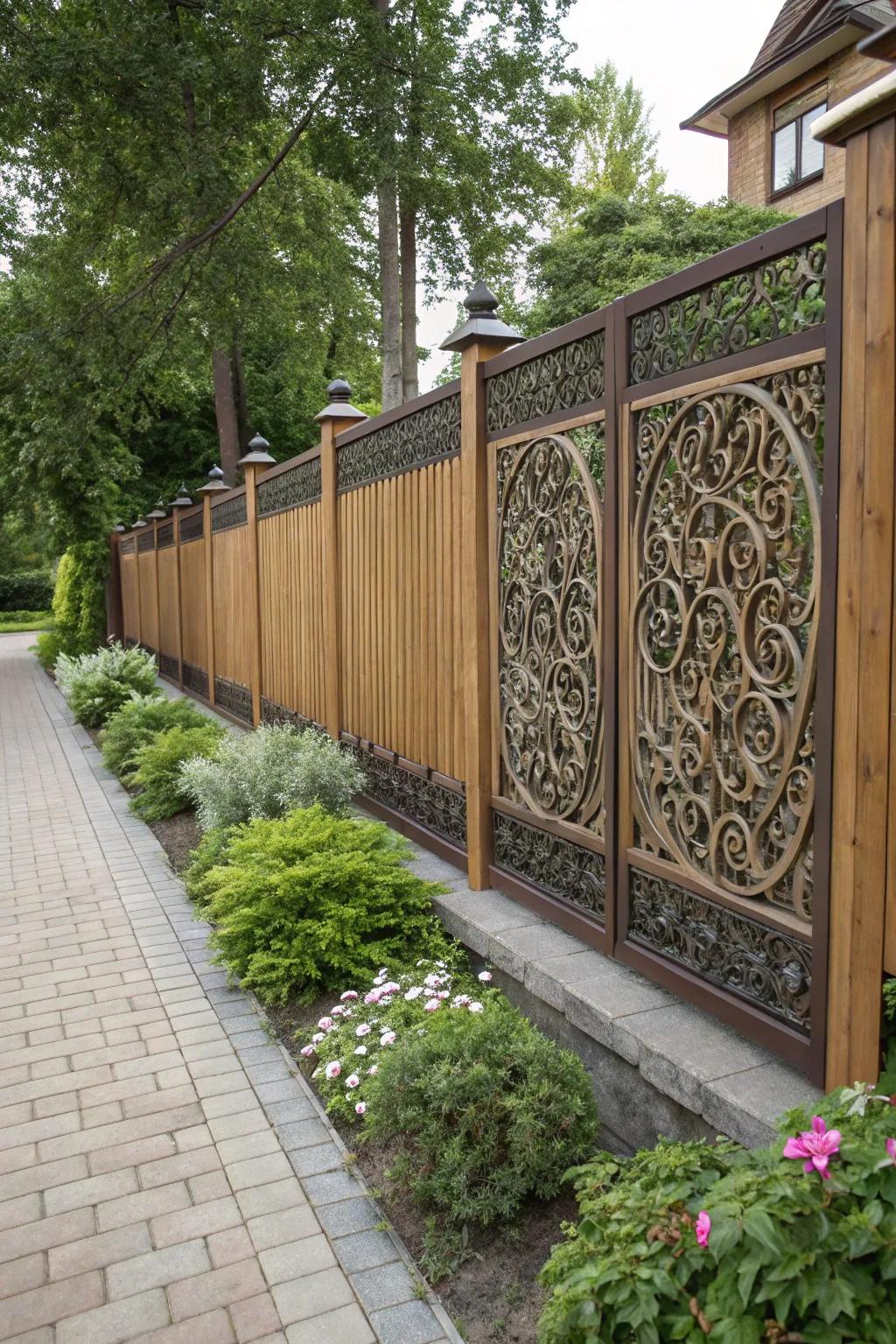 Metal panels add an artistic touch to vertical fences.