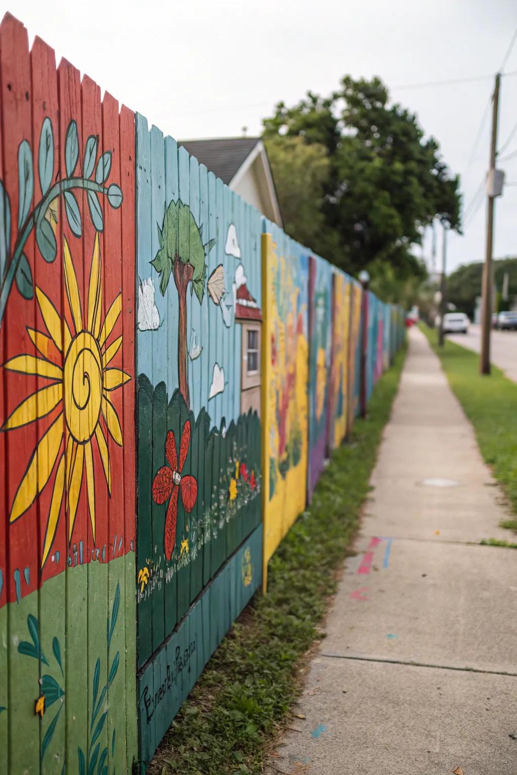 Colorful murals turn fences into artistic canvases.