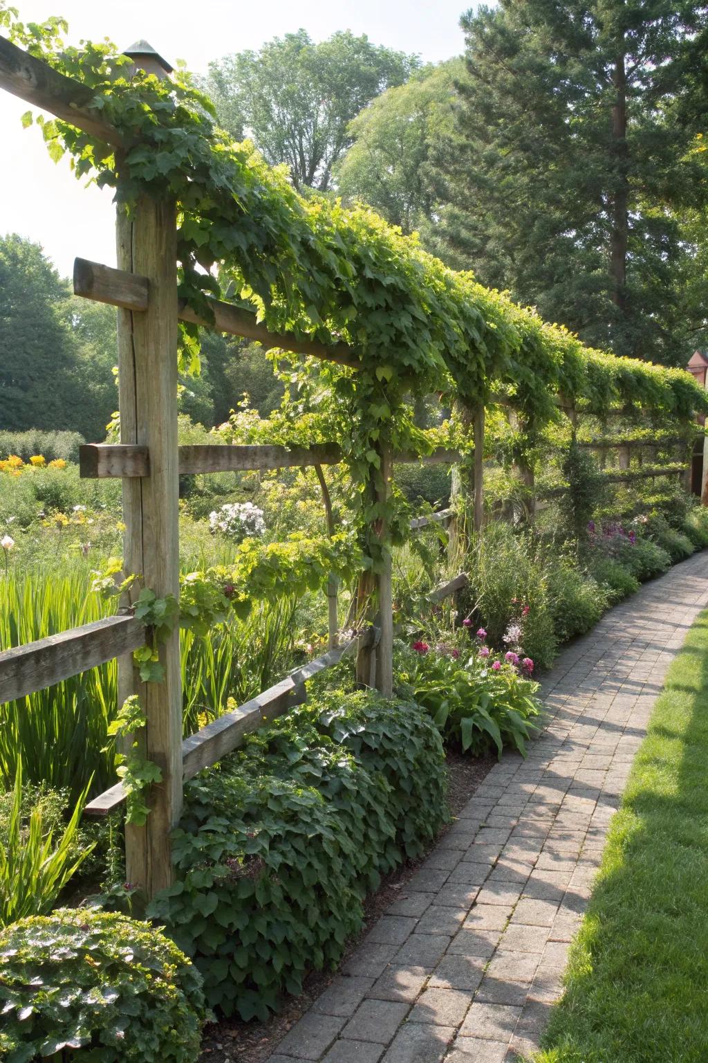 Height variations in vine fences create depth and visual interest.