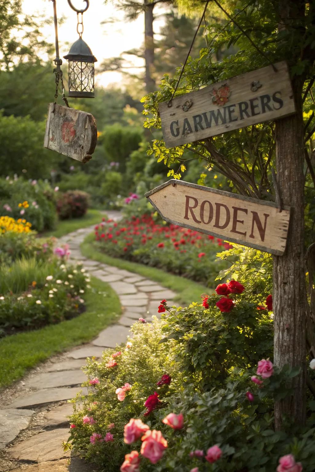 Vintage signs hanging in a garden, adding whimsy and personality to the space.
