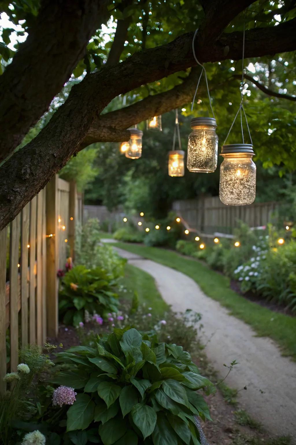 Mason jar lanterns offer a warm and inviting glow that enhances the evening atmosphere.