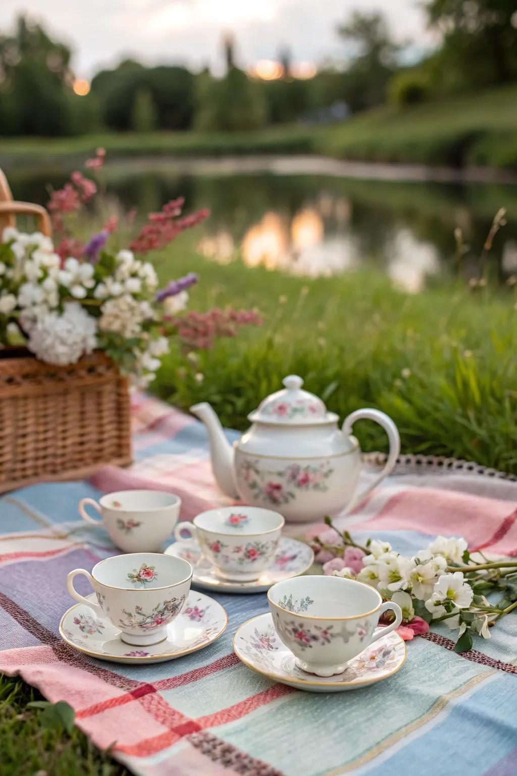 A vintage tea set offers a delightful surprise and elegance to your picnic.