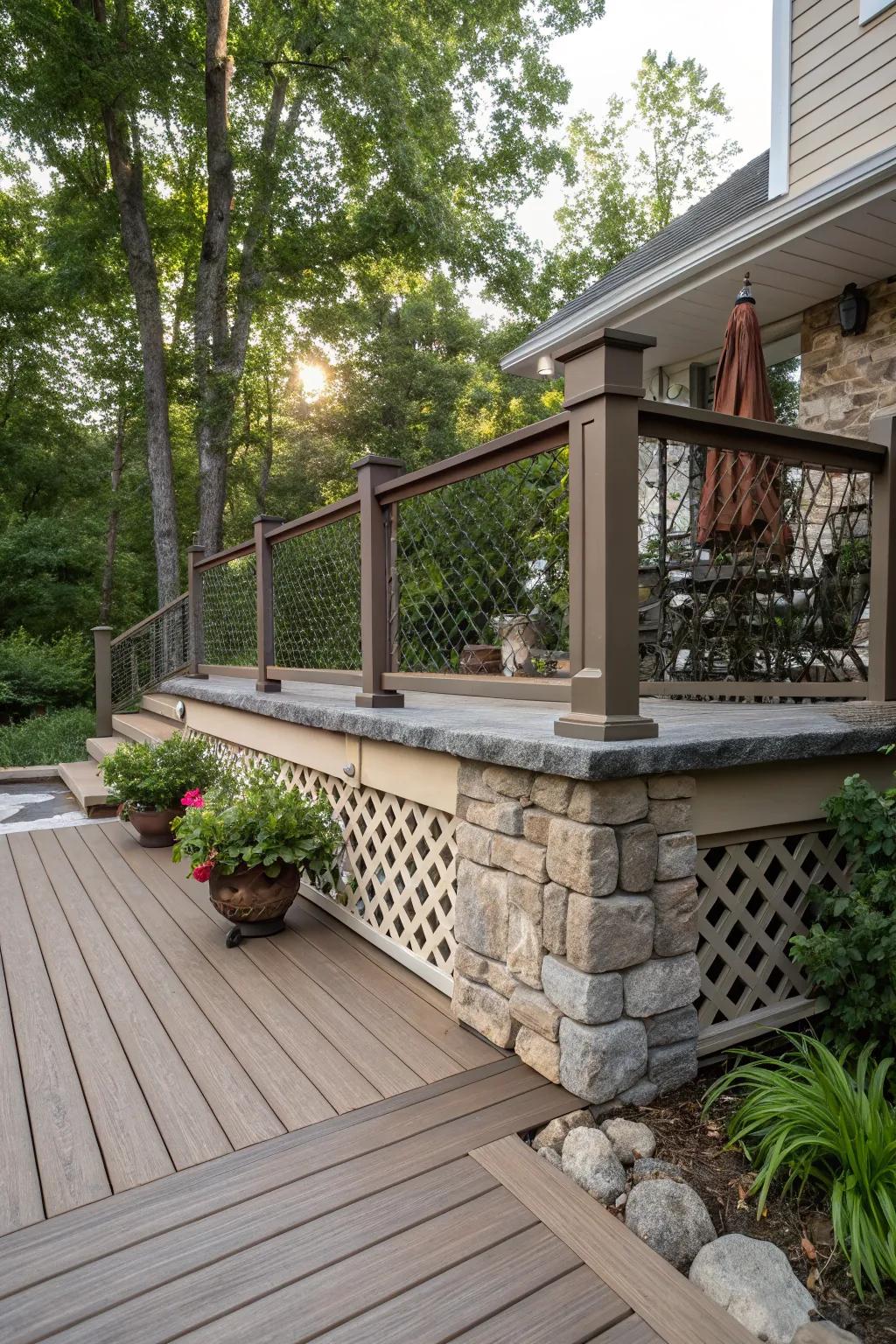 Stone elements paired with vinyl lattice create earthy contrasts.