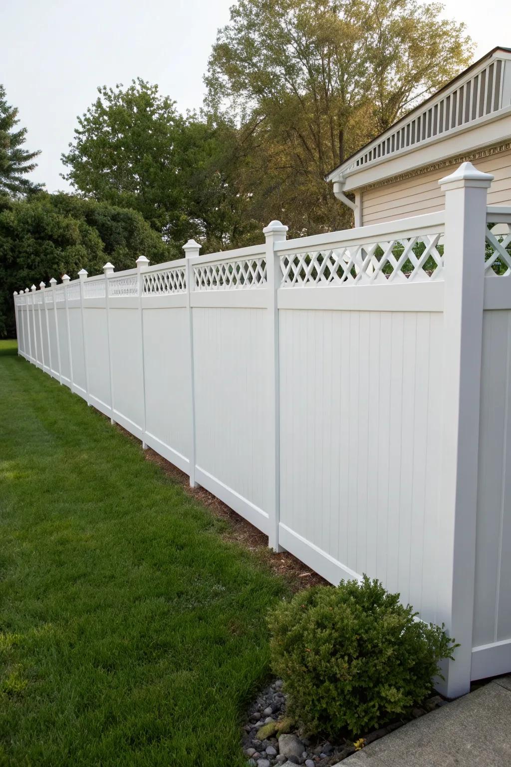 Decorative trim enhances this vinyl fence, adding elegance and style.