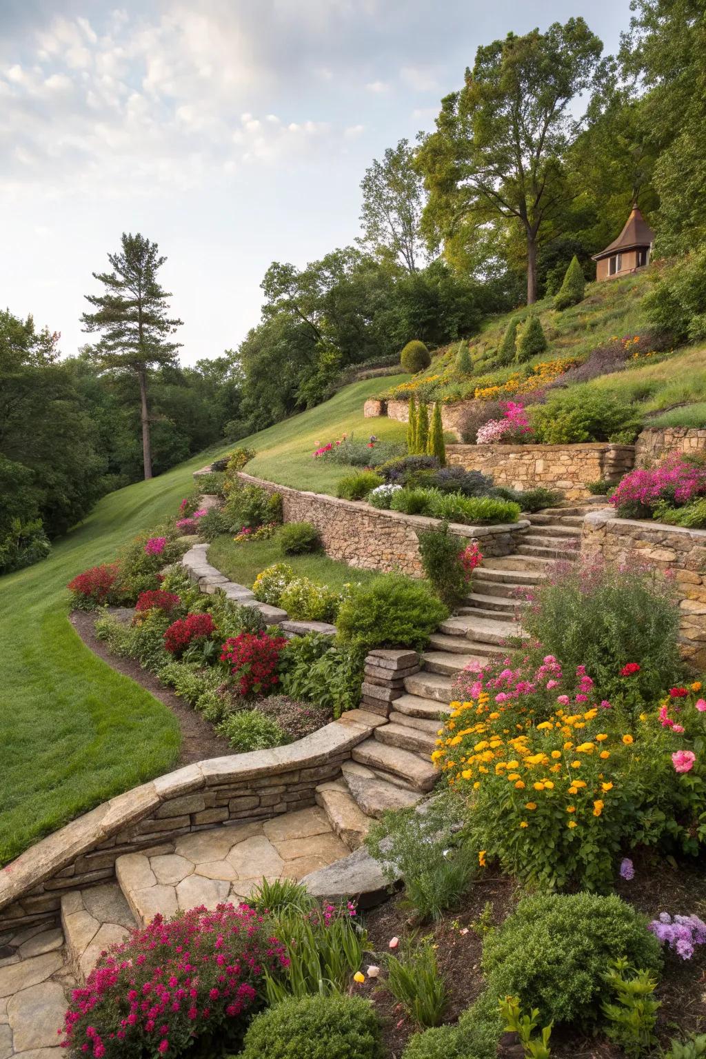 Terraced gardens make effective use of sloped terrain.
