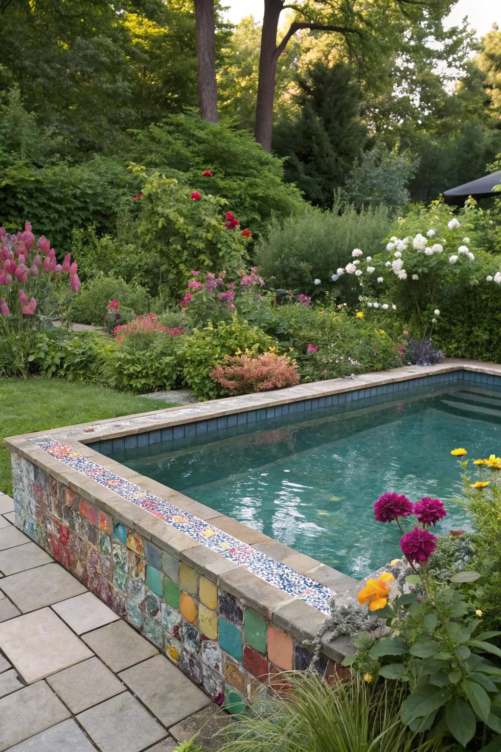 Artistic mosaic tiles add a splash of color and creativity to this wading pool.