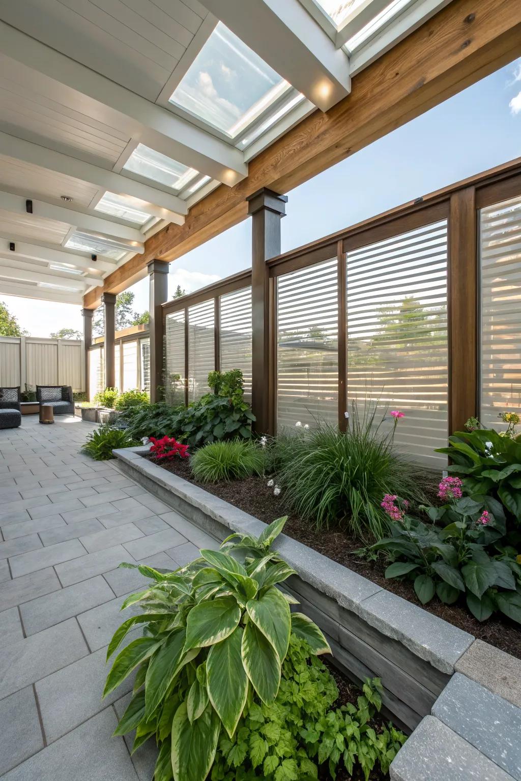 Stylish privacy screens create an intimate and secluded atmosphere on a walkout basement patio.