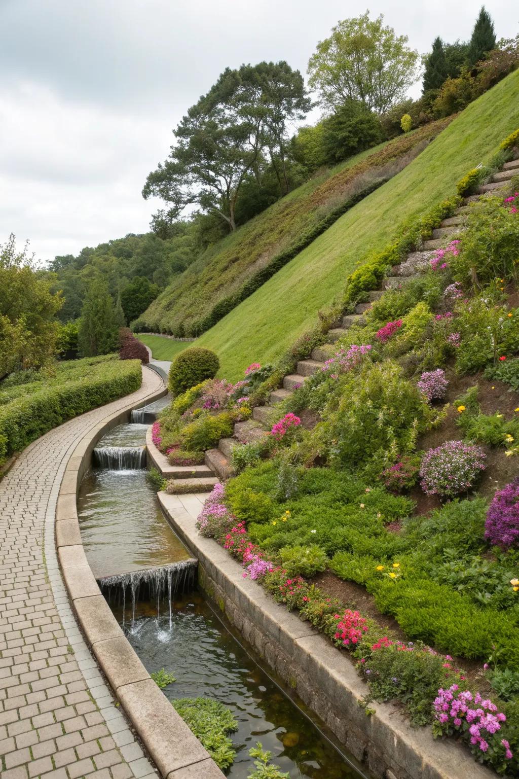 Water features add tranquility and sensory appeal to garden paths.