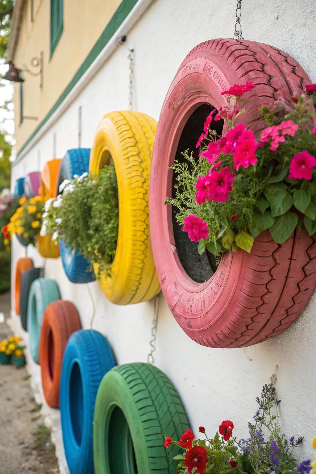 Recycled tire planters add a playful and eco-friendly touch.