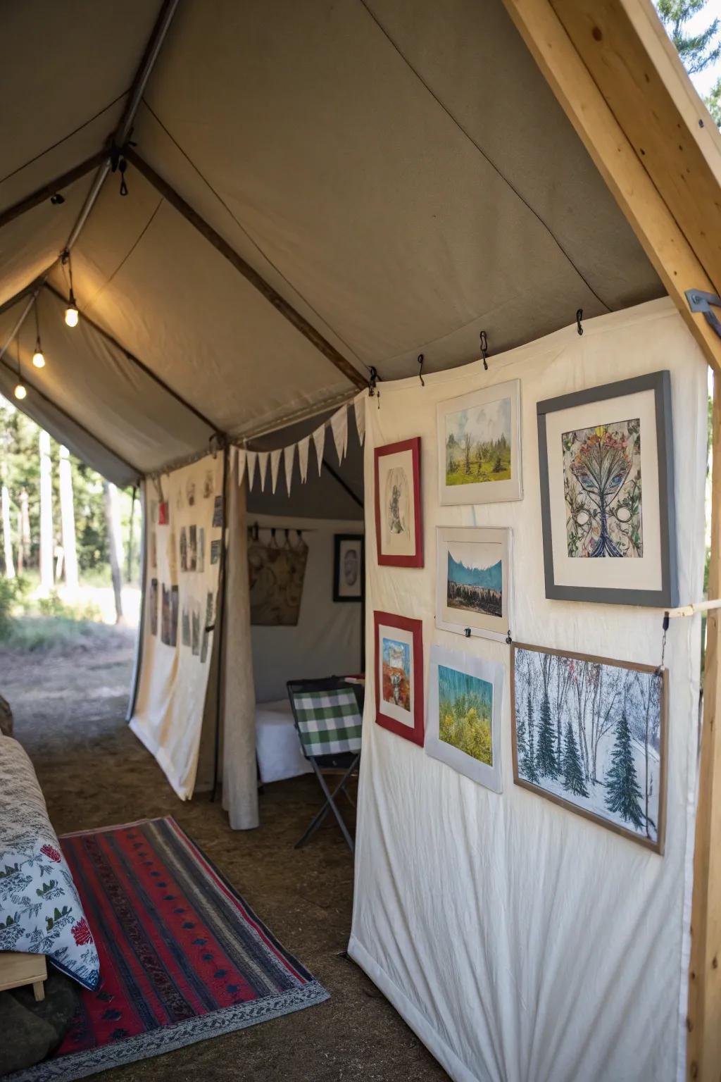 Personalized artwork brings character to this wall tent interior.