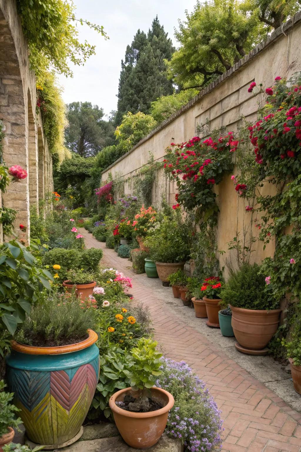 Colorful pots adding playful touches to the garden.