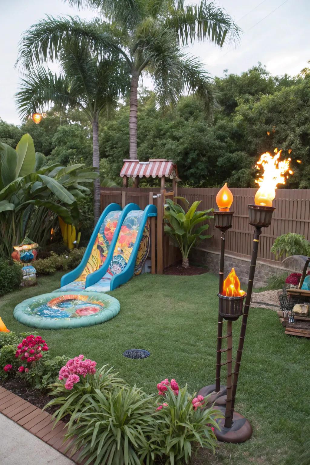 Escape to paradise with a tropical island-themed slide.