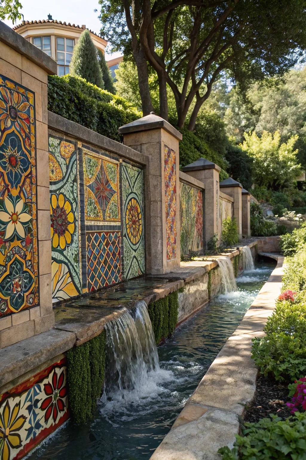 Artistic tiles line the spillway, adding vibrant patterns and color to the garden.